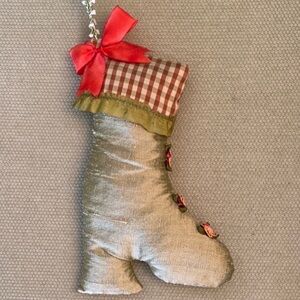 Lavender filled sachet, silk, shaped like a boot, ribbon flowers